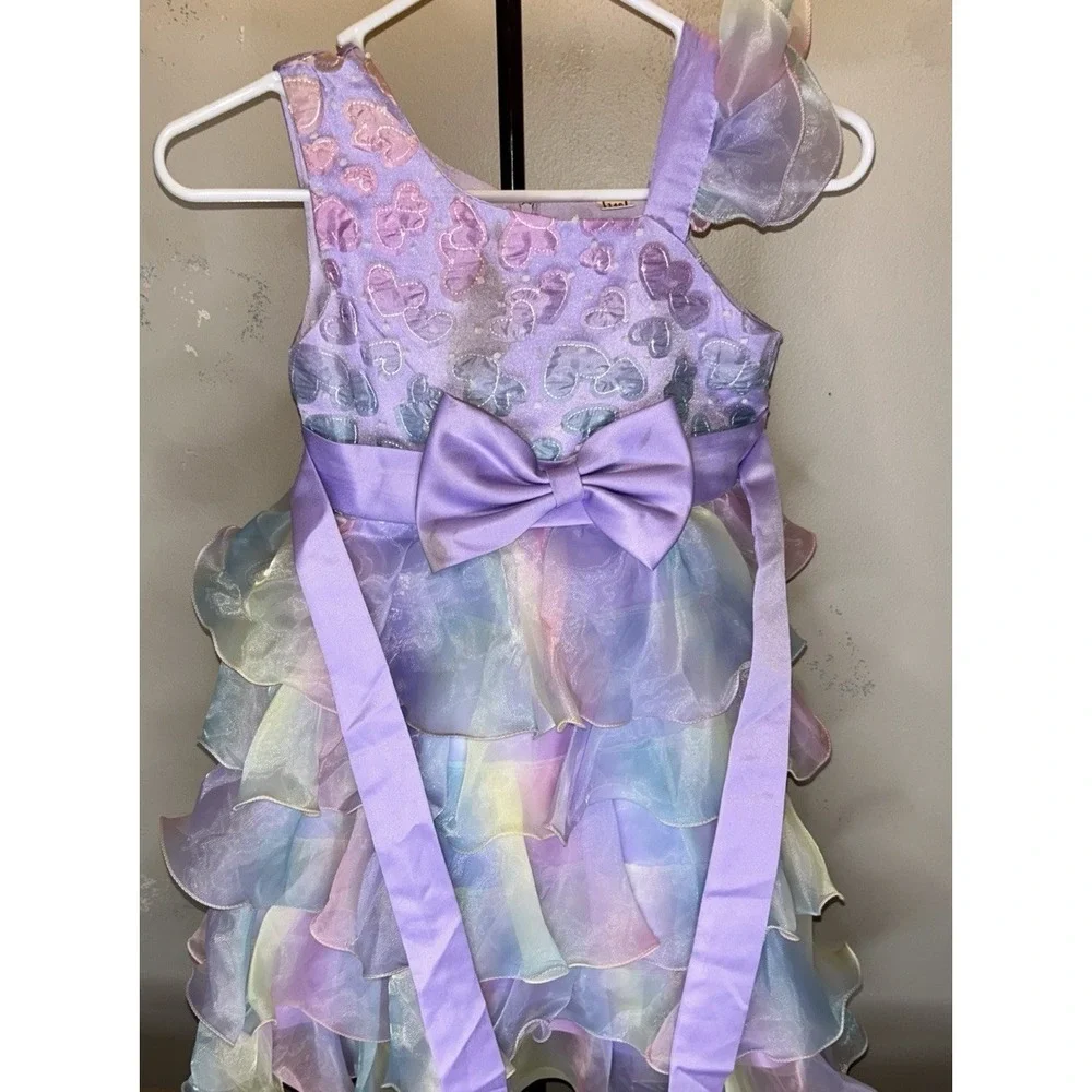 Girls Size 10 Pastel Rainbow Tiered Tulle Bow Party Dress Unbranded